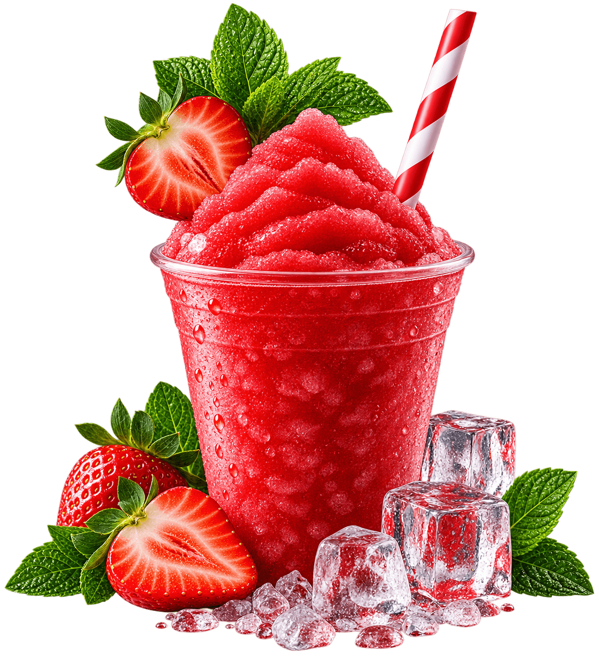 Erdbeer-Slush mit frischen Beeren, Minze und Eiswürfeln